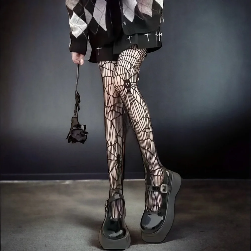 Black Gothic Skull Pattern Fishnet Tights Sexy Hollow Out Mesh Pantyhose OneSize